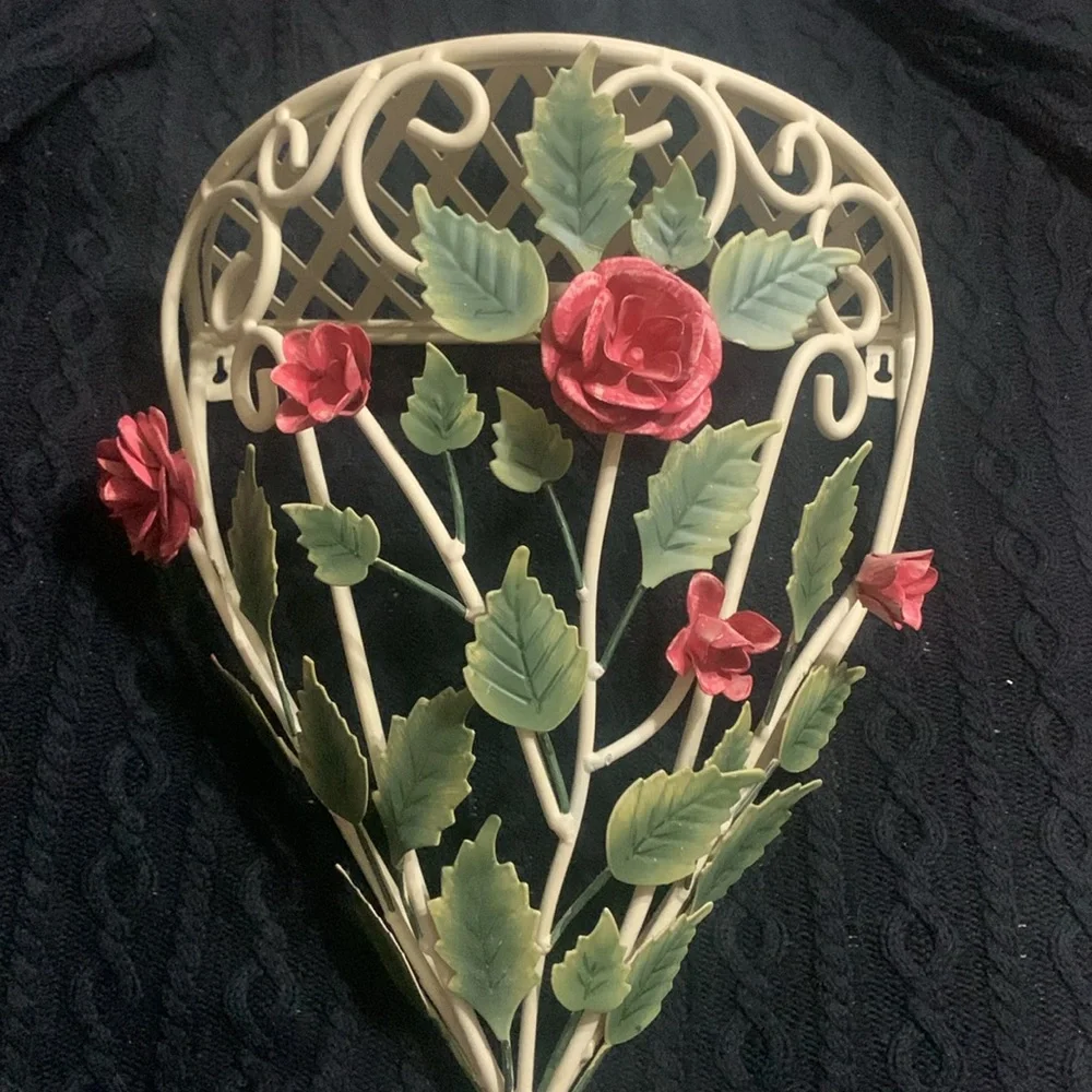 Vintage Shabby Chic Tole Ware Rose Metal Shelf Chippy Texture 13.5 x 16.5 inches